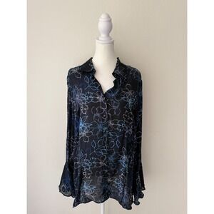 Venezia Jeans 100% Silk Blouse Black‎ Blue Floral Sheer Bell Sleeve Shirt 14/16